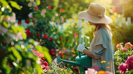 1. A woman in a sun hat and gardening gloves carefully watering vibrant flowers and greenery in a lush, colorful garden using a green watering can on a sunny day