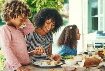 Lunch, happy and family eating in backyard for bonding, meal and connection together at home....