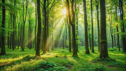 Obraz premium Beautiful lush forest with tall vibrant green trees, nature, environment, foliage, outdoors, woods, landscape, scenic