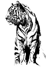 Obraz premium Detailed black and white illustration of a Bengal tiger in profile, showcasing intricate fur patterns and a powerful, majestic pose, highlighting its grace and strength.