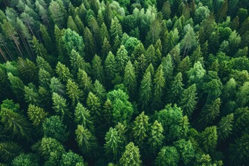 Aerial view of a dense green forest with a variety of tree species in vibrant shades of green.