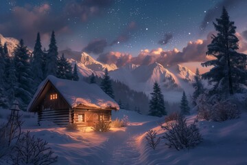 Embrace the tranquility of a winter cabin tucked into snowdraped peaks for a serene nature getaway. Ideal for unwinding and enjoying solitude amidst the peace of the winter season