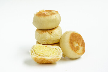 Bakpia, Bakpia Pathok kacang hijau is a food and souvenir typical of Yogyakarta made from a mixture of mung beans coated with flour. Isolated on white