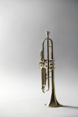 Shiny trumpet on light grey background. Wind musical instrument © New Africa