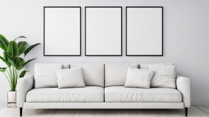 A chic living room with a neutral color palette and blank posters hanging above a comfortable sofa, banner, with copy space