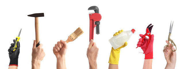 Different professions. Many various tools in people's hands isolated on white, closeup