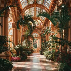 Naklejka premium Victorian Conservatory with Palms and Exotic Plants