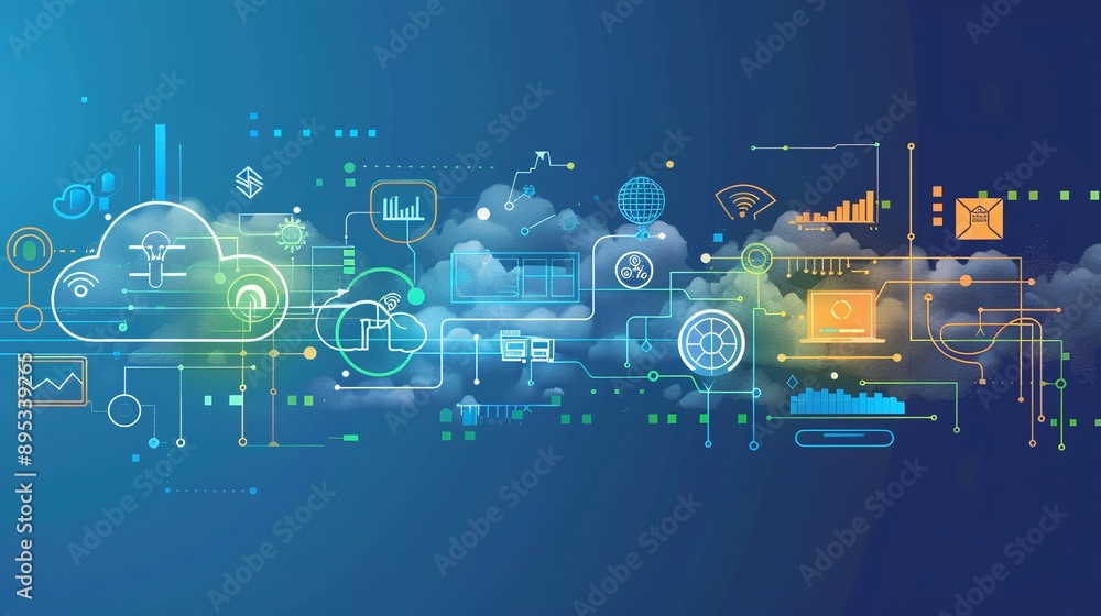 Wall mural an abstract representation of cloud computing elasticity, showing cloud symbols expanding and contra