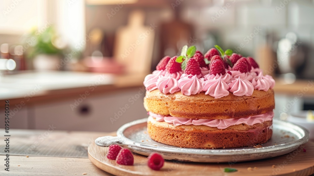 Poster raspberry layer cake with pink frosting in cozy kitchen setting