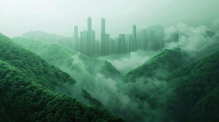 A hightech banner illustrating the reduction of carbon emissions in a cuttingedge, green setting, designed with an ultramodern, supernatural scene, and plenty of copy space