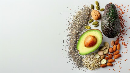 Healthy vegan foods, including avocado, nuts, seeds, and legumes on white background