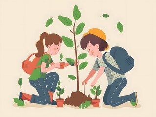 Children planting a tree together, fostering environmental consciousness and teamwork in a charming illustrated scene.