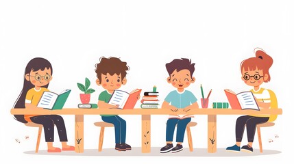 Fototapeta premium Children studying together at a table, reading books and engaging in collaborative learning, fostering education and teamwork.