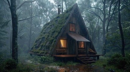 Wooden A-frame cabin in the forest during rain season