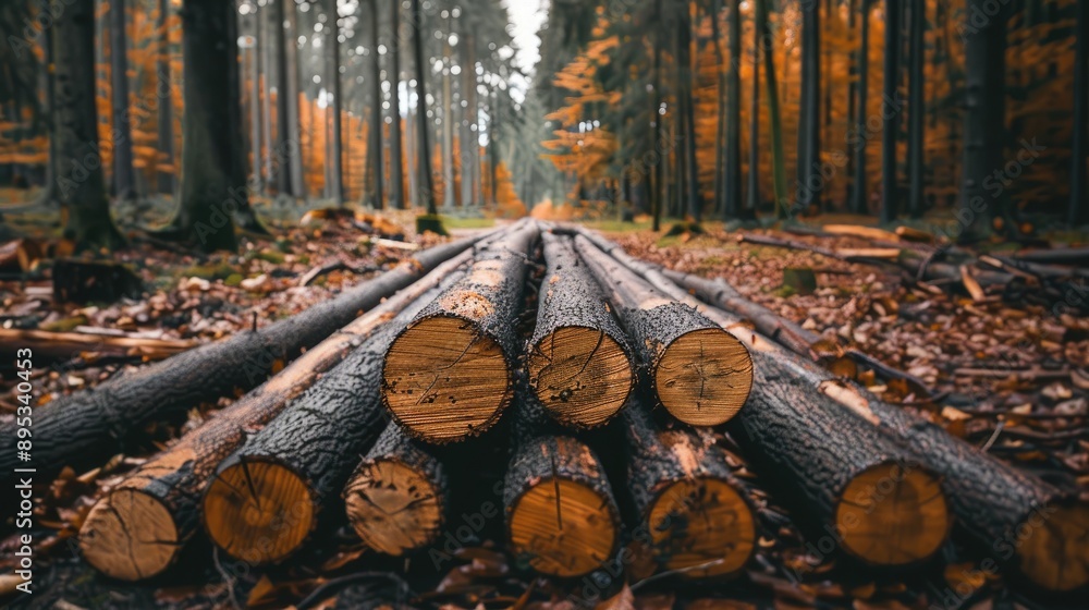 Poster folded logs arranged on the ground with forest in the background