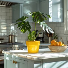 Vibrant Kitchen with Monstera Deliciosa and Light Blue Cabinets

