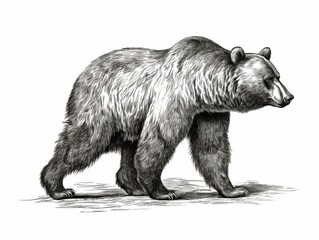 Fototapeta premium Black and white Vintage engraved art of a bear side view walking isolated on white background, ink sketch illustration, simple vector art design, highly detailed line art, high contrasty 
