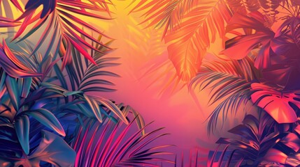 Vibrant gradient holographic concept art featuring tropical and palm leaves