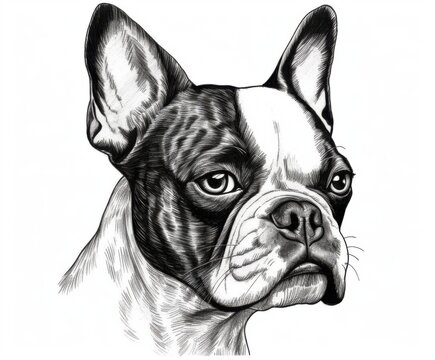 recommend clip art: Black and white Vintage engraved art of a Boston Terrier isolated on white background, ink sketch illustration, simple vector art design, highly detailed line art, high contrasty