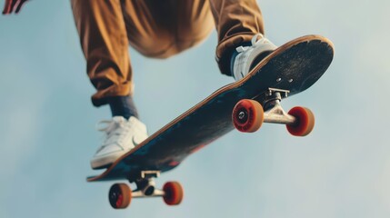 A thrilling skateboarding trick captured midair, banner, with copy space