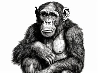 Fototapeta premium Black and white Vintage engraved art of a chimpanzee isolated on white background, ink sketch illustration, simple vector art design, highly detailed line art, high contrasty 