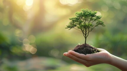 A hand holding a small tree in a forest. Saving and Growth concept