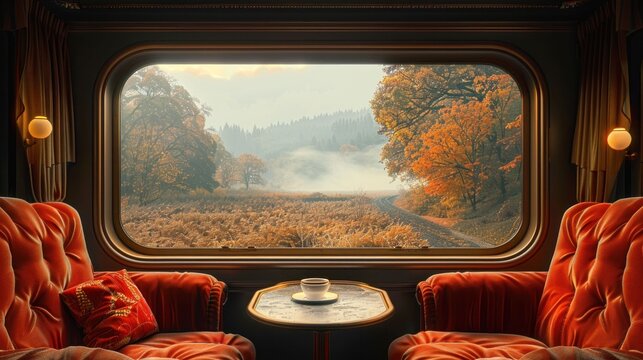 Traveling in style relaxing on the train with comfortable couches and a coffee table in front of the window