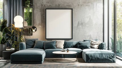 Fototapeta premium Living room design with decor elements and mockup poster frame