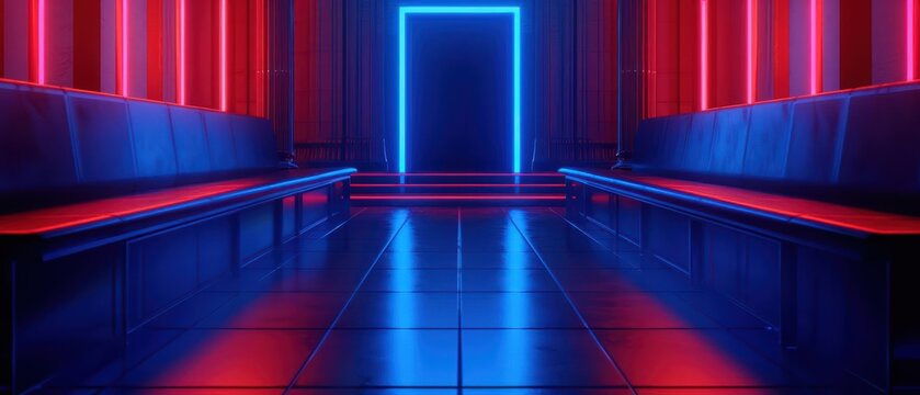 A vibrant banner representing bail hearings in a futuristic courtroom, designed with an ultramodern, supernatural scene, and ample copy space for your content