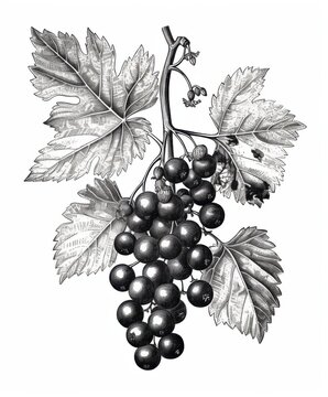 recommend clip art: Black and white Vintage engraved art of a currant isolated on white background, ink sketch illustration, simple vector art design, highly detailed line art, high contrasty. 