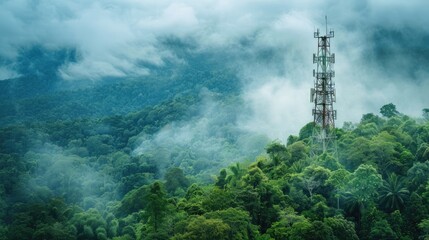 Obraz premium Telecommunication towers on top of mountain with beautiful white cloud and blue sky ,generative ai