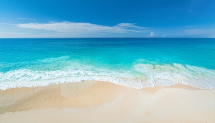 Fototapeta premium Beautiful tropical summer beach, top view of white sand and blue sea waves, nature background, vacation in paradise concept for tourism, vivid colorful.