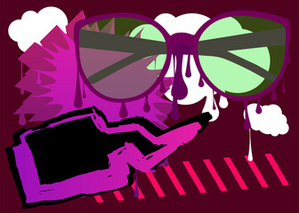 Sunglasses graffiti with speech bubble. Abstract modern Messaging sign street art decoration, performed in urban painting style.