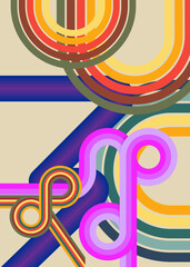 Obraz premium Retro 70s busy lines Background. Groovy abstract 1970s art template. Minimalistic Vintage striped design poster. Old-fashioned rainbow color artwork.