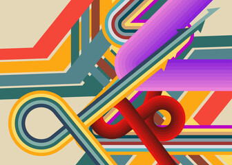 Retro 70s busy lines Background. Groovy abstract 1970s art template. Minimalistic Vintage striped design poster. Old-fashioned rainbow color artwork.