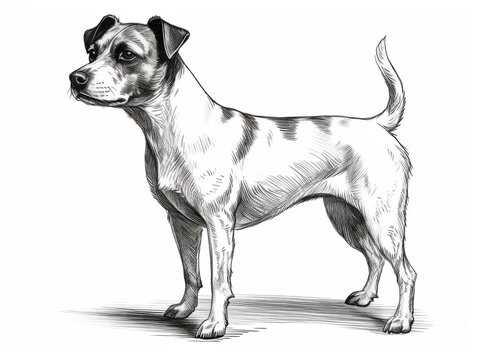 recommend clip art: Black and white Vintage engraved art of a Jack Russell Terrier isolated on white background, ink sketch illustration, simple vector art design, highly detailed line art, high contrasty 