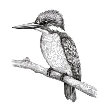 recommend clip art: Black and white Vintage engraved art of a kingfisher isolated on white background, ink sketch illustration, simple vector art design, highly detailed line art, high contrasty