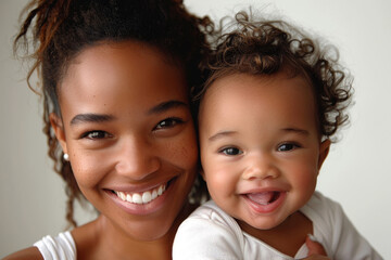 Mom and baby smile and play. African American family
