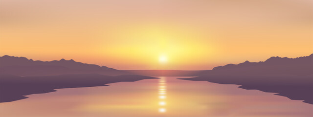 Tranquil nature background with river. Sunset at riverside
