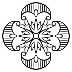 Cross shape decorative element with four stylized lotus flowers. Ancient Egyptian floral motif. Black and white linear silhouette.
