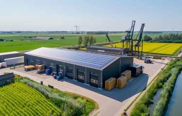 From a birds eye view, a modern agricultural setting in the countryside displays the incorporation of solar panels, highlighting ecofriendliness and sustainable practices in energy usage