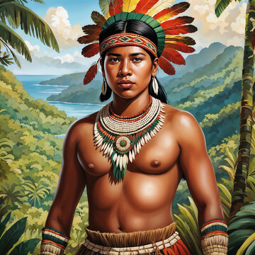 Create a painting-style illustration of an indigenous Brazilian in their typical costumes, in perfect composition (1).