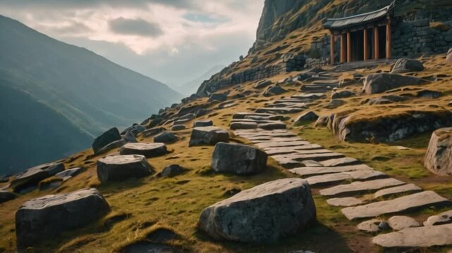 A winding trail up a mountain, lined with ancient runestones and leading to a majestic temple