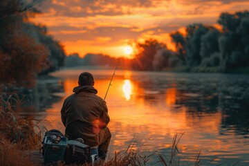 Fototapeta premium A man sits on the bank of a river, fishing