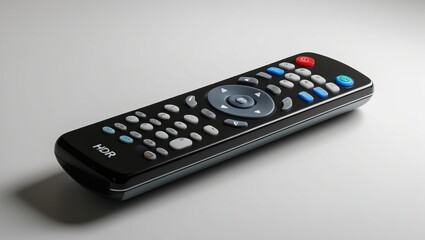 Close-up of a black remote control for a DVD player, showing detailed buttons and ergonomic design, on a white background.