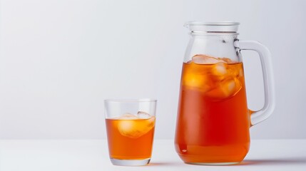 Iced tea in glass pitcher and glass with ice cubes on white tabletop.
