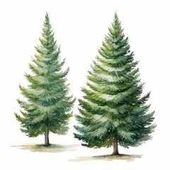 Fototapeta premium Watercolor, Two trees are standing next to each other, one of which is taller than the other. The trees are green and appear to be healthy. The scene is peaceful and serene
