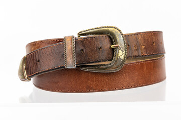 Retro Cowboy Western Real natural Leather belt. Leather brown belt on white background, vintage retro leather belt