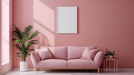 Modern Pink Living Room with Sofa and Green Plant