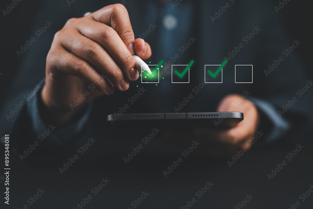 Poster businessman checking mark on checklist with a red checkmark. online checklist survey, filling out di